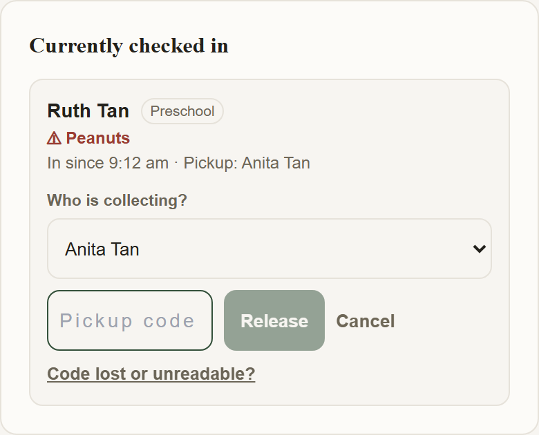 ChapelHQ collection screen showing Ruth Tan, authorised collector Anita Tan, a pickup-code field and the code-lost exception path.