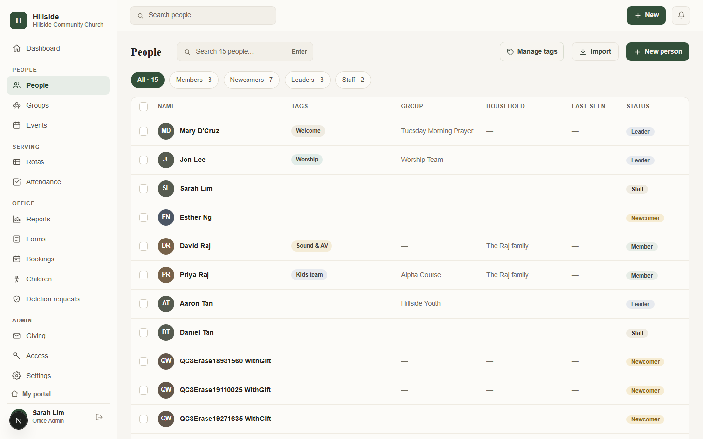 The people directory in ChapelHQ, showing name, tags, group, household and status columns. David Raj and Priya Raj are linked as “The Raj family” household, and Esther Ng carries a Newcomer status label.