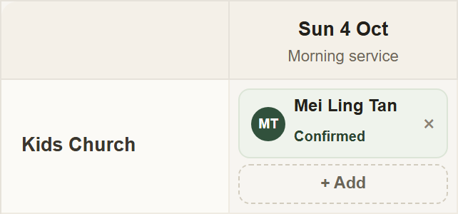 The same ChapelHQ office rota assignment now showing Mei Ling Tan as confirmed.