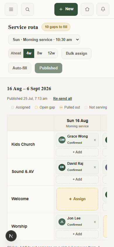 The mobile serving rota showing one Sunday with Kids Church, Sound and AV, Welcome and Worship positions, including confirmed people and an open position.