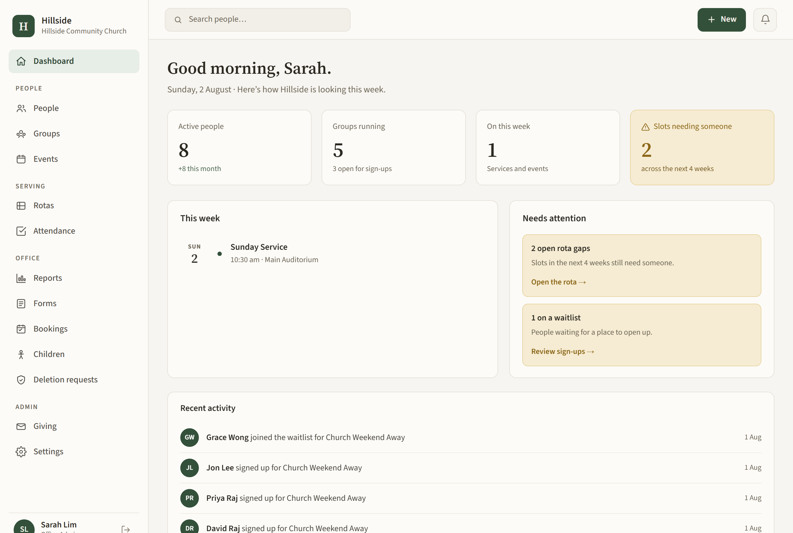 The ChapelHQ dashboard, showing this week’s services, rota gaps that still need filling, and recent activity.