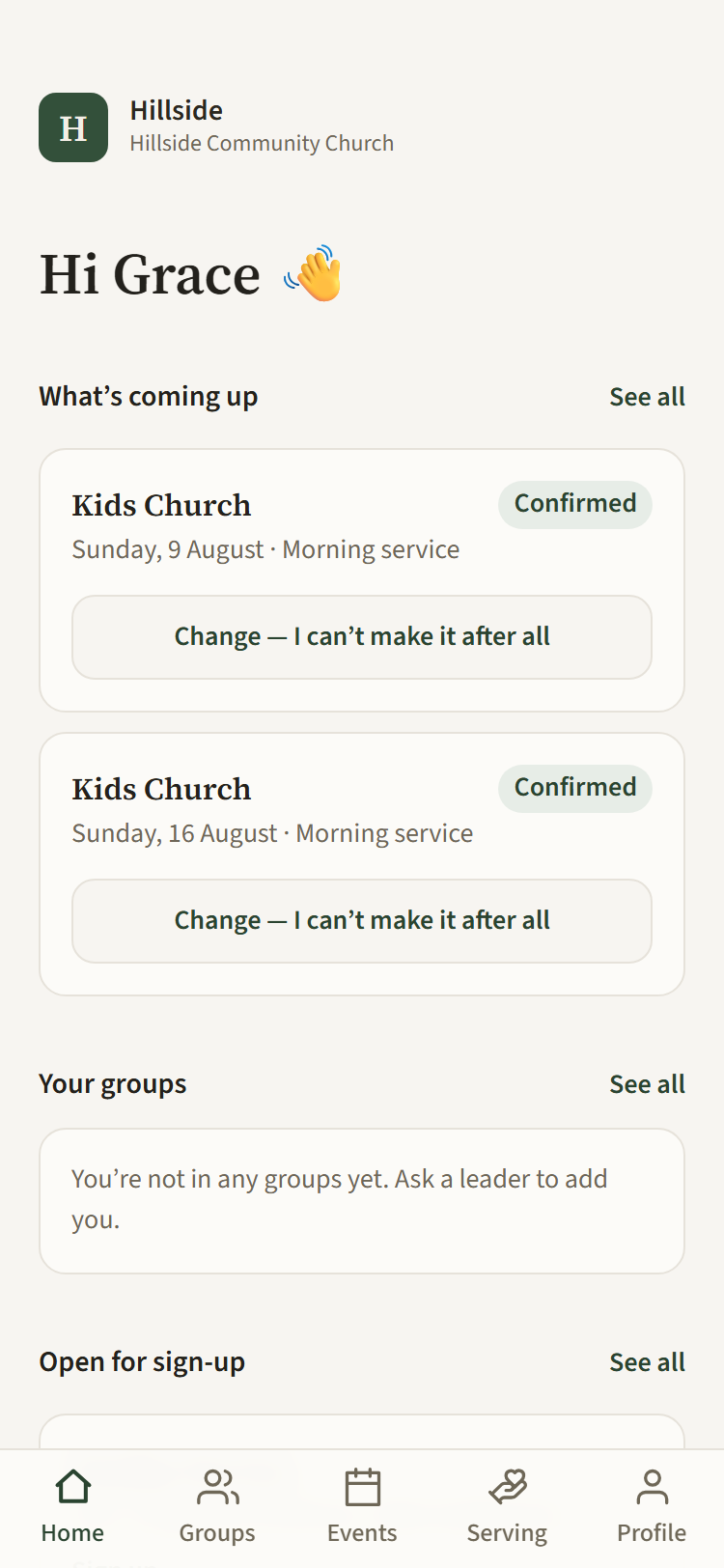 The member view on a phone, showing the dates this person is serving and the groups they belong to.